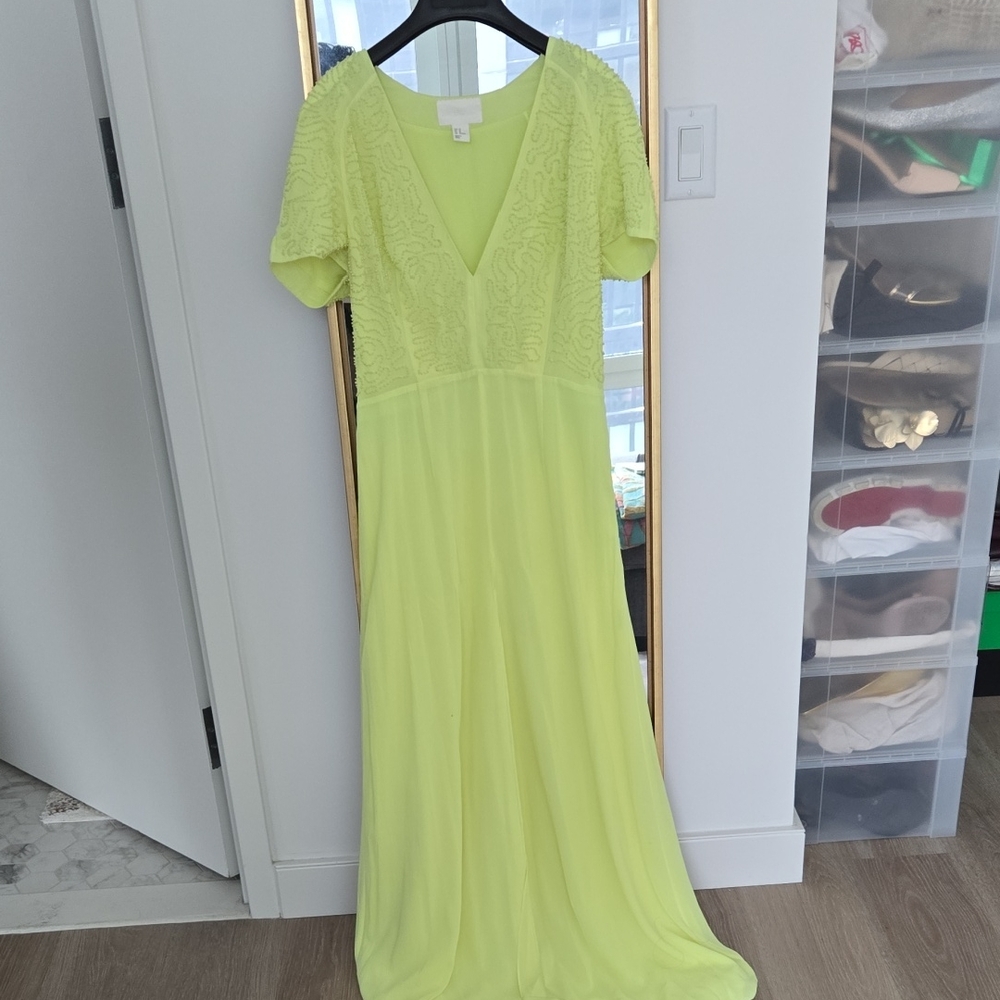 H&M Neon Yellow Chiffon Maxi Dress With Embroidered Top And Light Shoulder Pad
